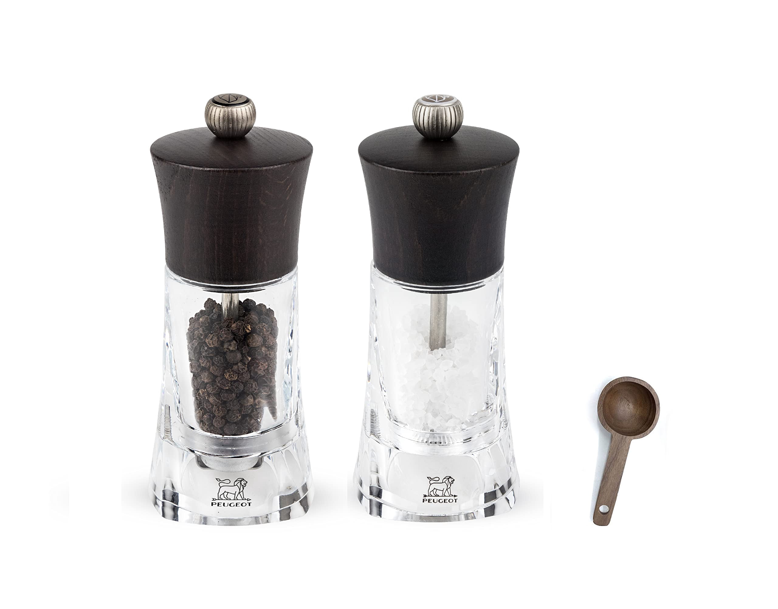 Peugeot - Oleron Manual Mill Salt & Pepper Mill- Transparent Adjustable Grinder - Acrylic and Beechwood, Chocolate, 5.5 Inches - With Wooden Spice Scoop Spoon