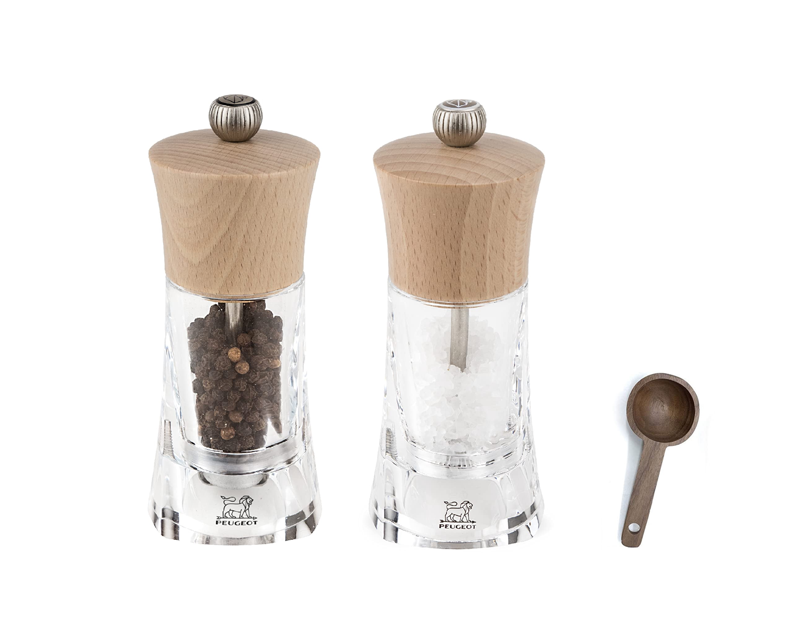 Peugeot - Oleron Manual Mill Salt & Pepper Mill - Transparent Adjustable Grinder - Acrylic and Beechwood, Natural, 5.5 Inches - With Wooden Spice Scoop Spoon