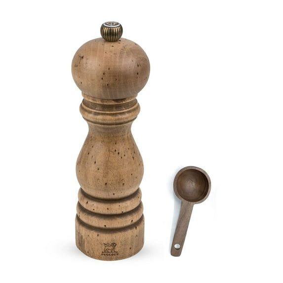 Peugeot Paris Classic Collection Antique Salt Mill Natural - With Wooden Spice Scoop (7 -Inch, Salt Mill w/Scoop)