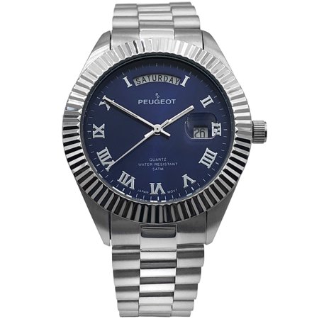 Peugeot Stainless Steel Big Face Luxury Watch with Day Date Windows, Roman Numerals & Coin Edge Fluted Bezel Watch