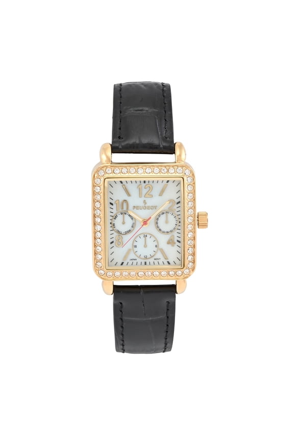 Peugeot Women's 14K Gold Plated Square Dress Watch with European Crystals and Black Leather Band