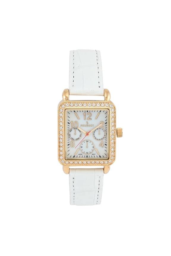 Peugeot Women's 14K Gold Plated Square Dress Watch with European Crystals and White Leather Band