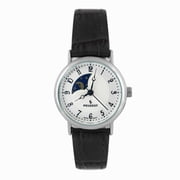 Peugeot Womens 26mm Sun-Moon Phase Silver Watch with Black Leather Strap