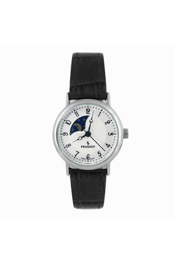 Peugeot Women's 26mm Sun-Moon Phase Silver Watch with Black Leather Strap