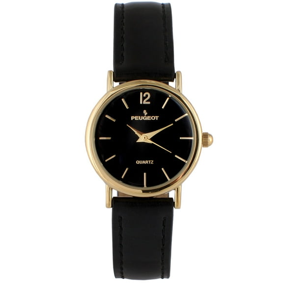 Peugeot Women's Classic Easy Read Black Watch with Black Leather Strap