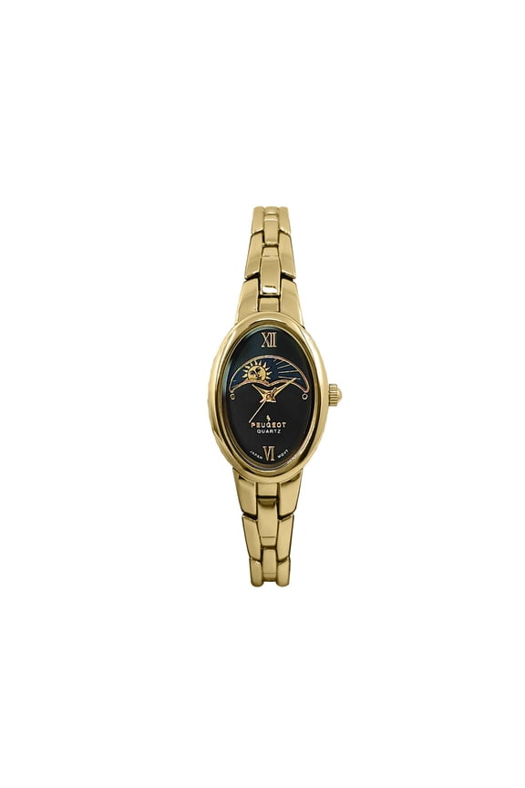 Peugeot Women's Gold 30x25mm Sun Moon Dial Link Bracelet Watch with Black Dial