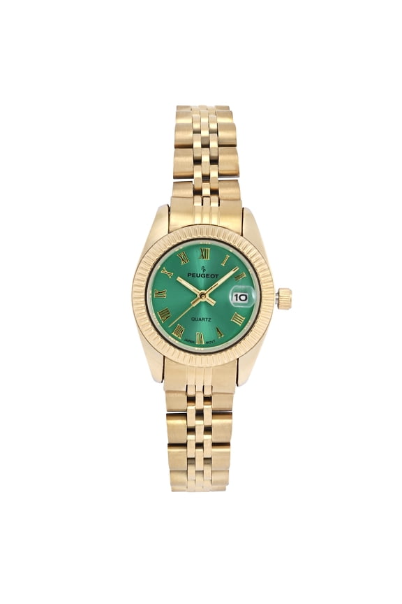Peugeot Women's Gold-Tone 25mm Fluted Bezel Steel Bracelet Watch with Green Dial