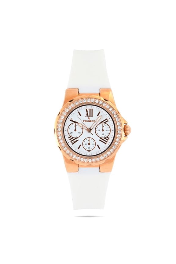 Peugeot Women's Rose Gold Wrist Watch with Crystal Bezel and Silicone Rubber Band