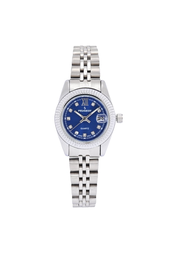 Peugeot Women's Silver-Tone 25mm Fluted Bezel Steel Bracelet Watch with Blue Dial