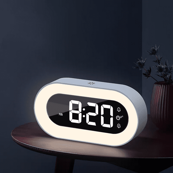 Pevode Digital Alarm Clock with Light, Musical Ringer, and Spare Battery(White+RGB)