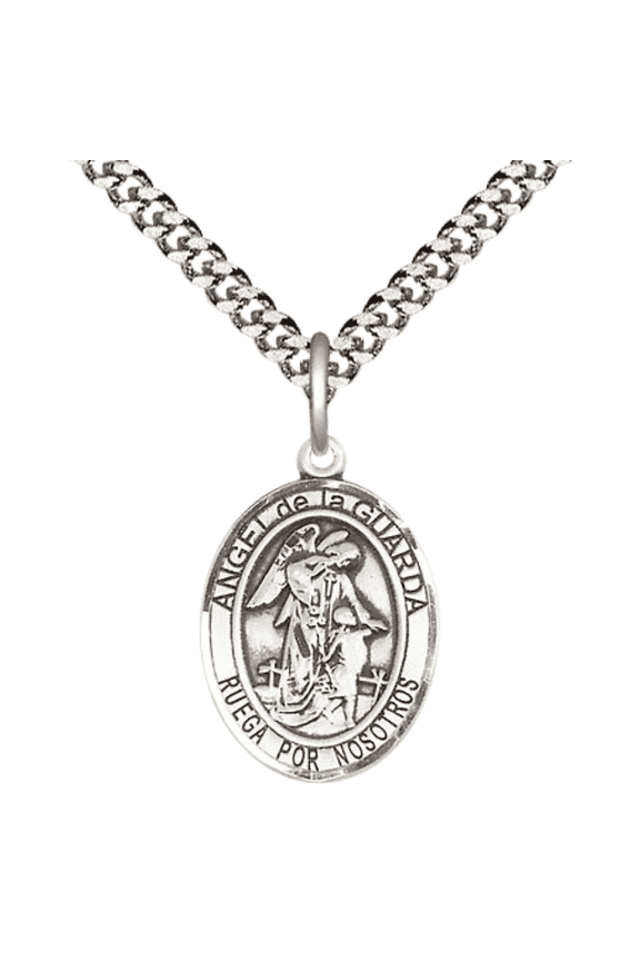 Pewter Angel de la Guarda Medal Pendant on 24 Inch Endless Rhodium Plated Heavy Curb Chain,Catholic Religious Necklace -Made in USA, Deluxe Velvet Gift Box