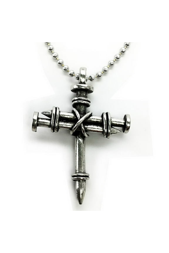 Pewter Antique Silver Finish Nail Cross Ball Chain Necklace