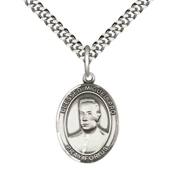 Medium Pewter Blessed Miguel Pro Medal Pendant on 24 Inch Endless Rhodium Plated Heavy Curb Brass Chain ,Catholic Religious Necklace -Made in USA- Deluxe Velvet Gift Box