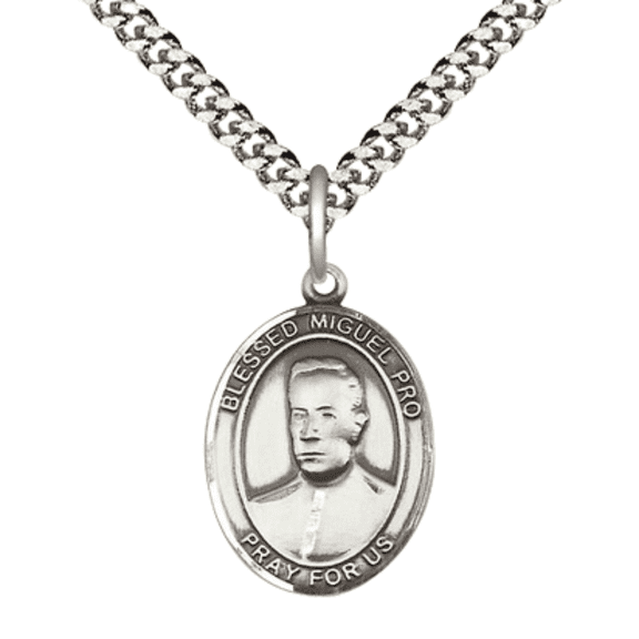 Medium Pewter Blessed Miguel Pro Medal Pendant on 24 Inch Endless Rhodium Plated Heavy Curb Brass Chain ,Catholic Religious Necklace -Made in USA- Deluxe Velvet Gift Box
