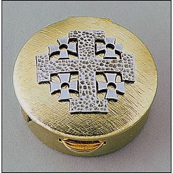 "Pewter & Brass Jerusalem Cross PYX Size: 1 1/2 x 5/8"" H"