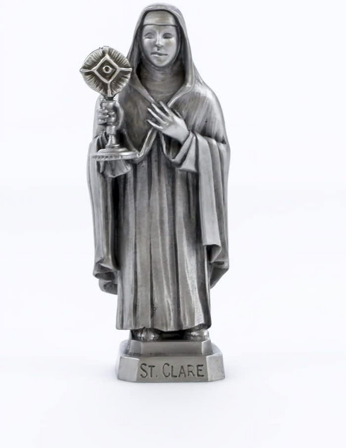 Pewter Catholic Saint St Clare Statue With Laminated Prayer Card, 3 1/2