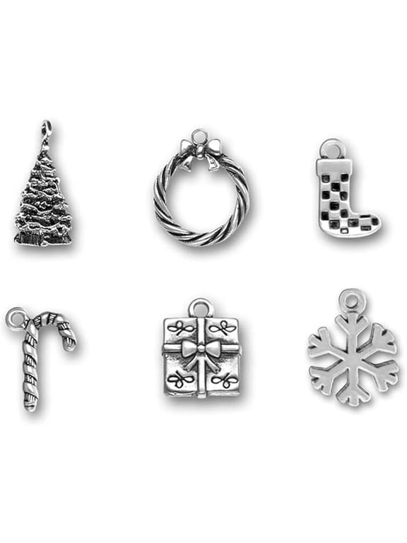 Pewter Charms - Set of Christmas or Winter Themed Charms - Stocking, Christmas Tree, Snowflake, Present, Candy Cane and Wreath - 6 Charms