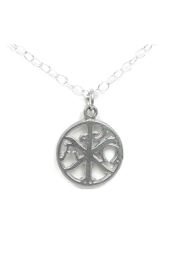Pewter Chi Rho Alpha Omega Christogram Necklace - Gift Packaged with Monogram of Christ Christian Story Card - Made in USA (16" chain length)