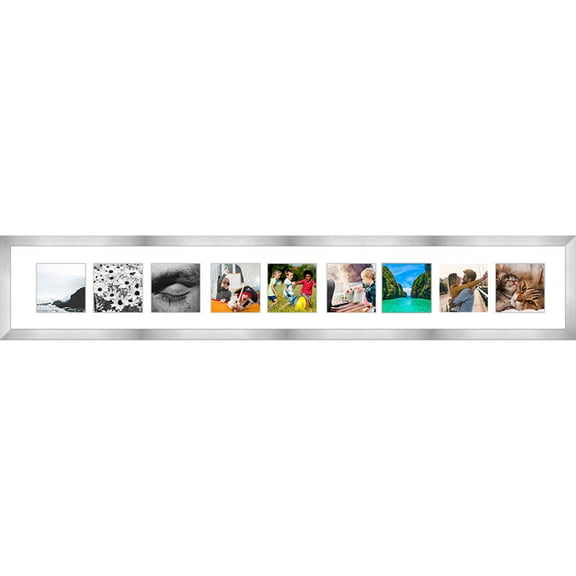 Pewter Collage Frame With Mat - 6x40 Frame For Nine 4" x 4" Photos  - Great for Instagram Pictures