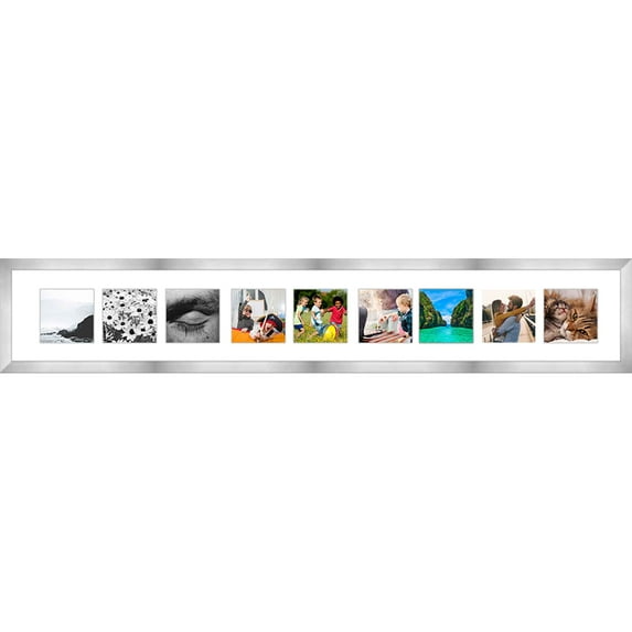 Pewter Collage Frame With Mat - 6x40 Frame For Nine 4" x 4" Photos - Great for Instagram Pictures