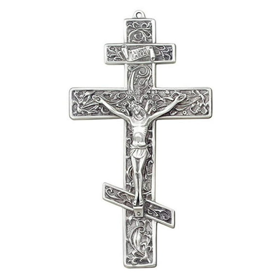 Pewter Filigree Greek Orthodox Three Bar Cross Crucifix, 8 1/2 Inch