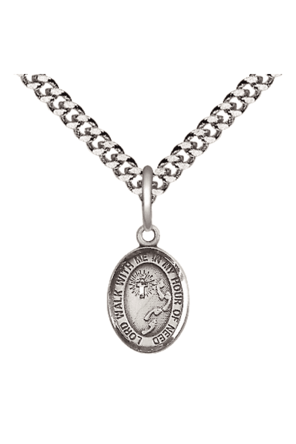 Pewter Footprints Cross Medal Pendant on 24 Inch Endless Rhodium Plated Heavy Curb Brass Chain, Catholic Religious Necklace -Made in USA- Deluxe Velvet Gift Box