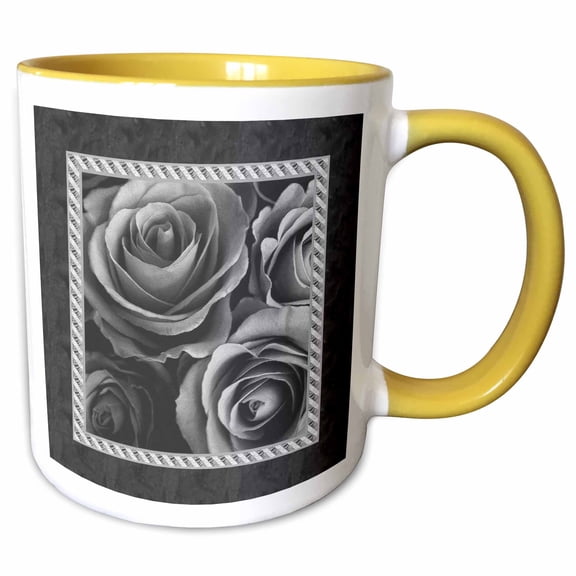 3drose, Pewter Gray Roses Surrounded by a Striped and Marbelized Frame, 15oz Two-tone Yellow Mug