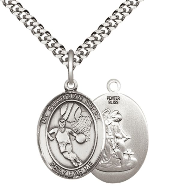 Pewter Guardian Angel Basketball Medal Pendant on 24 Inch Endless ...