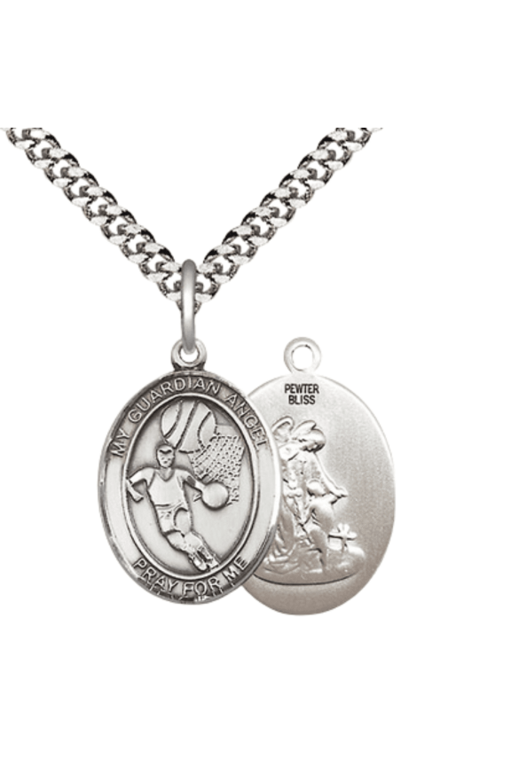 Pewter Guardian Angel Basketball Medal Pendant on 24 Inch Endless Rhodium Plated Heavy Curb Brass Chain ,Catholic Religious Necklace -Made in USA- Deluxe Velvet Gift Box