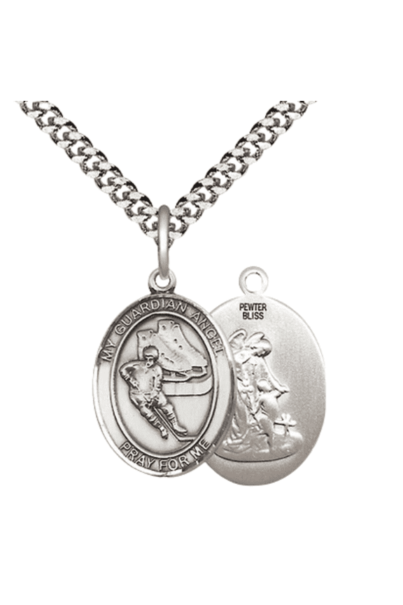 Pewter Guardian Angel Hockey Medal Pendant on 24 Inch Endless Rhodium Plated Heavy Curb Brass Chain ,Catholic Religious Necklace -Made in USA- Deluxe Velvet Gift Box