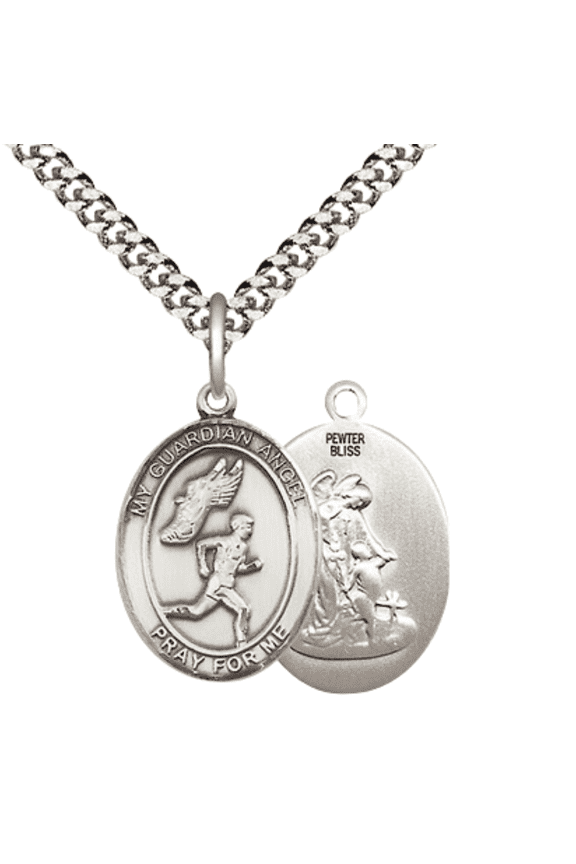 Pewter Guardian Angel Track&Field-Men Medal Pendant on 24 Inch Endless Rhodium Plated Heavy Curb Chain,Catholic Religious Necklace -Made in USA- Velvet Gift Box