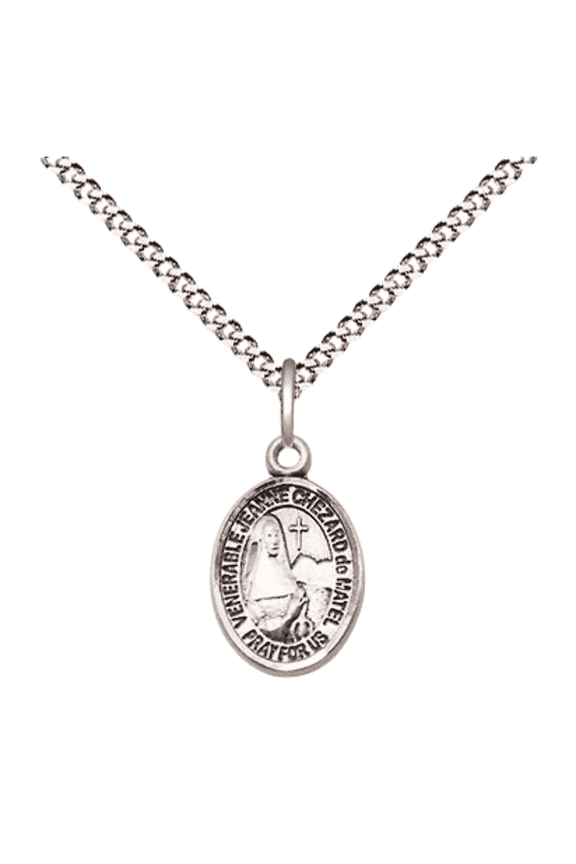Pewter Jeanne Chezard de Matel Medal Pendant on 18 Inch Rhodium Plated Lite Curb Brass Chain with Lobster Claw Clasp, Catholic Religious Necklace - Made in USA- Velvet Gift Box