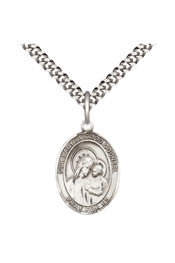 Pewter Our Lady of Good Counsel Medal Pendant on 24 Inch Endless Rhodium Plated Heavy Curb Brass Chain ,Catholic Religious Necklace -Made in USA- Deluxe Velvet Gift Box