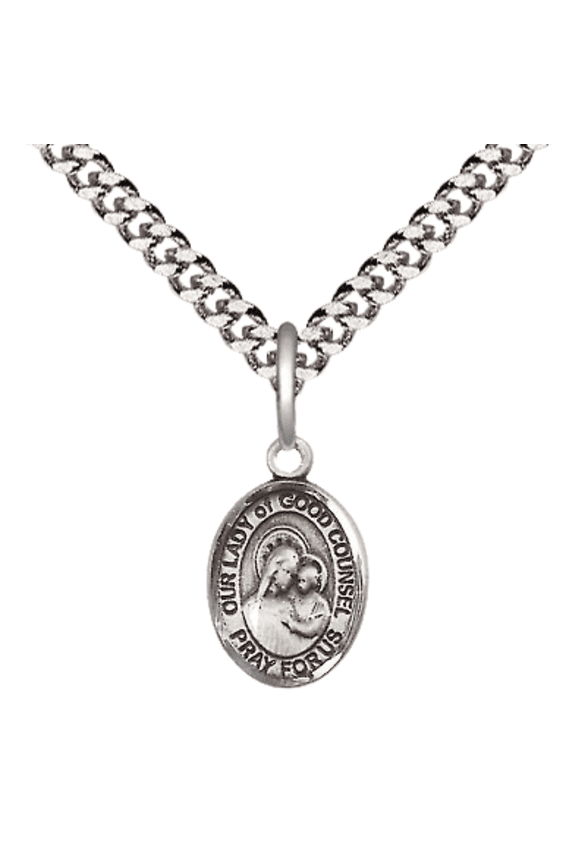 Pewter Our Lady of Good Counsel Medal Pendant on 24 Inch Endless Rhodium Plated Heavy Curb Brass Chain, Catholic Religious Necklace -Made in USA- Deluxe Velvet Gift Box