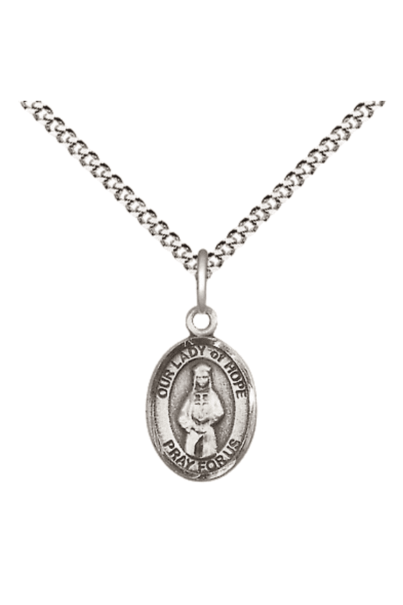 Pewter Our Lady of Hope Medal Pendant on 18 Inch Rhodium Plated Lite Curb Brass Chain with Lobster Claw Clasp, Catholic Religious Necklace - Made in USA- Velvet Gift Box