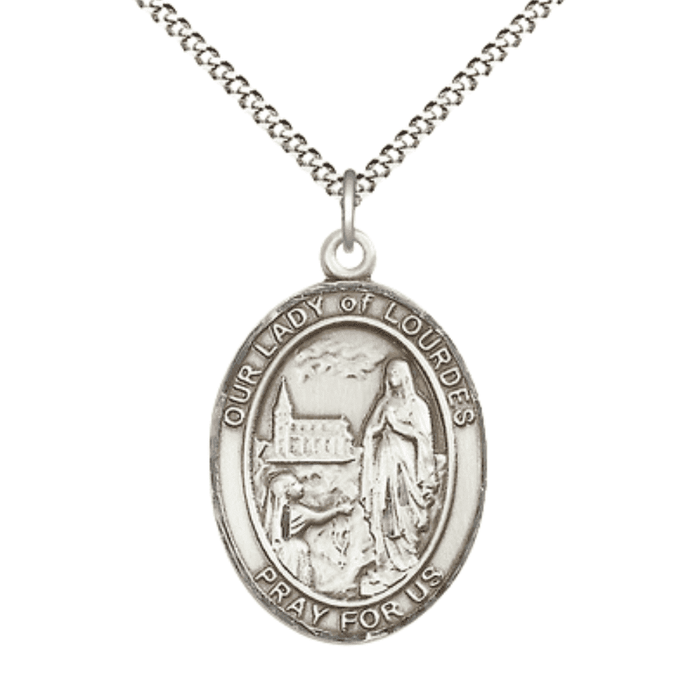 Pewter Our Lady of Lourdes Medal Pendant on 18" Rhodium Plated Lite ...