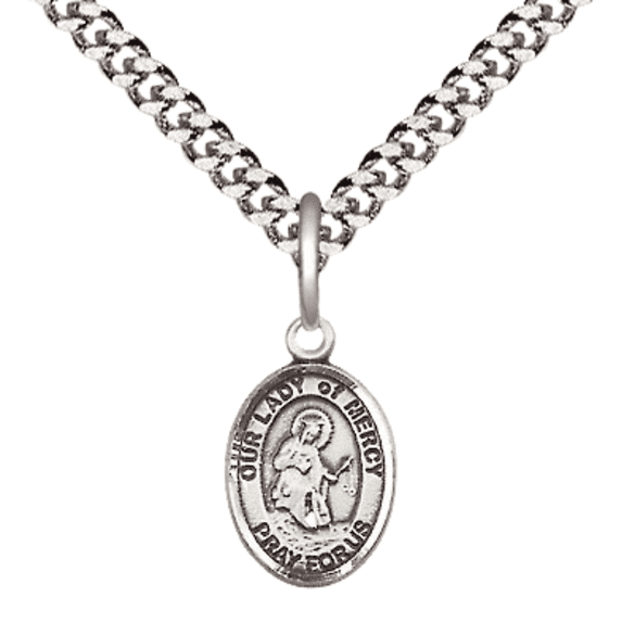 Pewter Our Lady of Mercy Medal Pendant on 24 Inch Endless Rhodium Plated Heavy Curb Brass Chain, Catholic Religious Necklace -Made in USA- Deluxe Velvet Gift Box