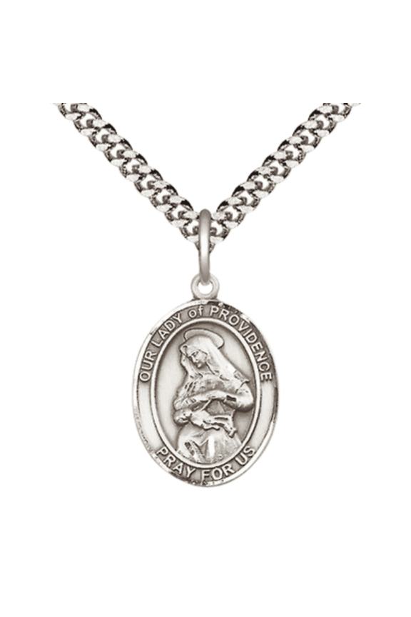 Pewter Our Lady of Providence Medium Medal Pendant on 24 Inch Endless Rhodium Plated Heavy Curb Brass Chain, Catholic Religious Necklace -Made in USA- Deluxe Velvet Gift Box