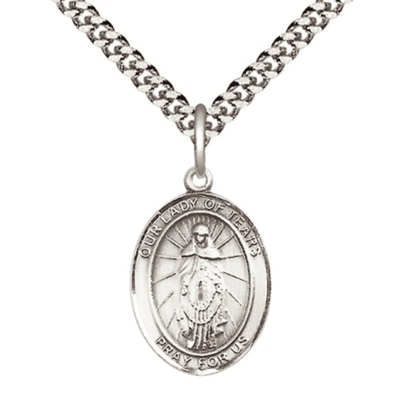 Medium Pewter Our Lady of Tears Medal Pendant on 24 Inch Endless Rhodium Plated Heavy Curb Brass Chain, Catholic Religious Necklace -Made in USA- Deluxe Velvet Gift Box