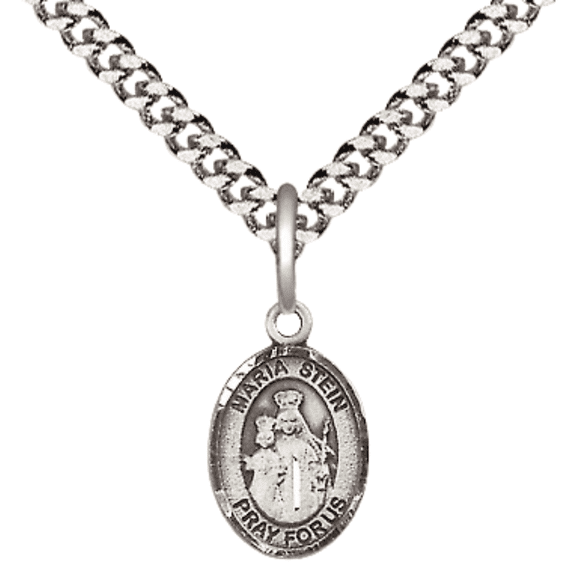 Pewter Maria Stein Medal Pendant on 24 Inch Endless Rhodium Plated Heavy Curb Brass Chain, Catholic Religious Necklace -Made in USA- Deluxe Velvet Gift Box