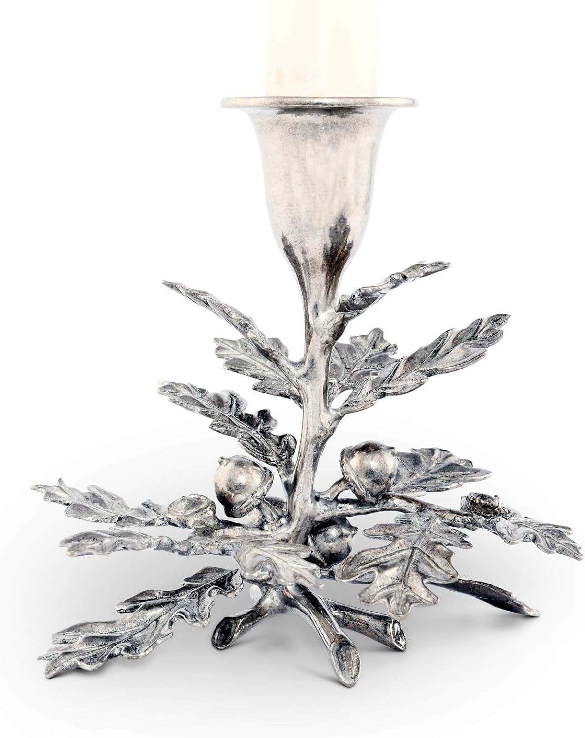 Polished Pewter Oak Leaf 5" Tabletop Candlestick Holder