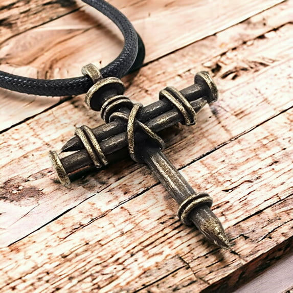 Pewter Nail Cross Antique Brass Finish Black Cord Necklace