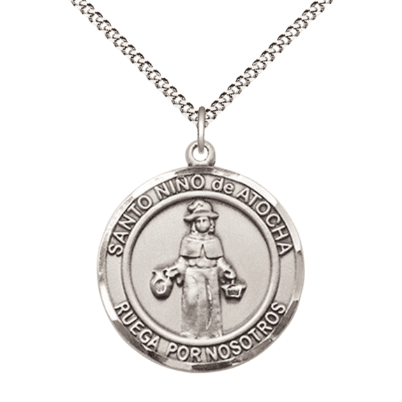 Pewter Nino de Atocha Medal Pendant on 18 Inch Rhodium Plated Lite Curb Brass Chain,Catholic Religious Necklace with Lobster Claw Clasp -Made in USA- Deluxe Velvet Gift Box