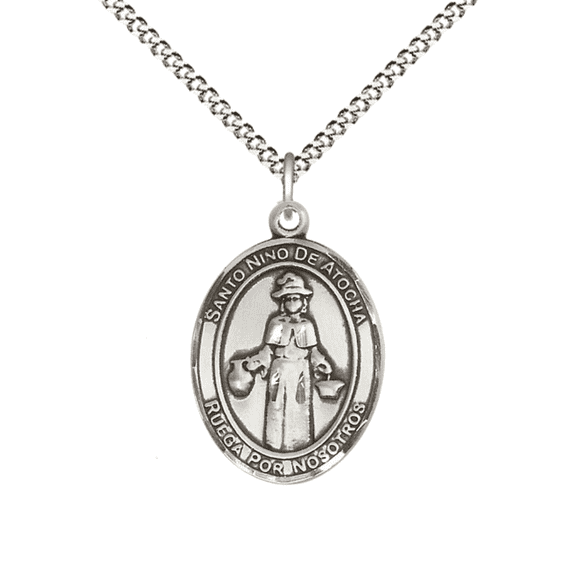 Pewter Nino de Atocha Medal Pendant on 18 Inch Rhodium Plated Lite Curb Brass Chain,Catholic Religious Necklace with Lobster Claw Clasp -Made in USA, Deluxe Velvet Gift Box
