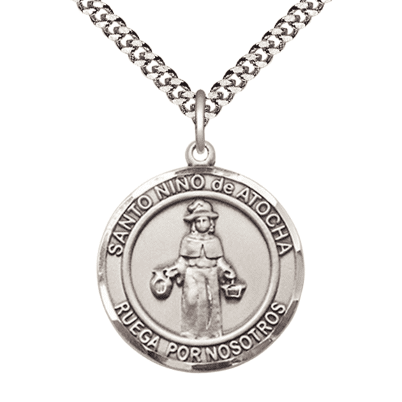 Pewter Nino de Atocha Medal Pendant on 24 Inch Endless Rhodium Plated Heavy Curb Chain,Catholic Religious Necklace -Made in USA, Deluxe Velvet Gift Box