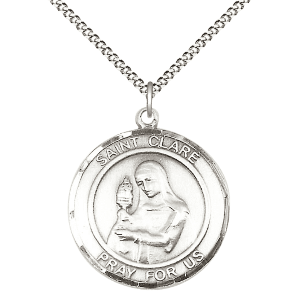 Pewter Patron Saint St. Clare of Assisi Medal Pendant with 18" Rhodium ...