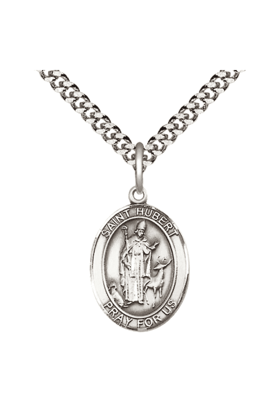 Pewter Patron Saint St. Hubert of Liege Medal Pendant with 24" Rhodium Plated Heavy Curb Chain Catholic Religious Necklace - Made in USA,Deluxe Velvet Gift Box