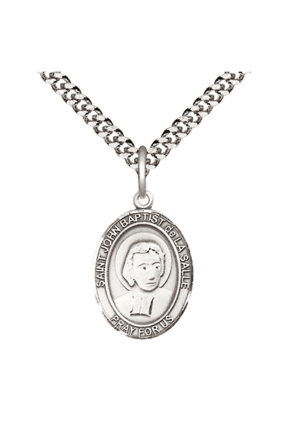 Pewter Patron Saint St. John Baptist de La Salle Medal Pendant with 24" Rhodium Plated Heavy Curb Chain Catholic Religious Necklace - Made in USA,Deluxe Velvet Gift Box