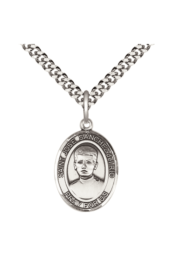 Medium Pewter Patron Saint St. Jos Snchez del Ro Medal Pendant with 24" Rhodium Plated Heavy Curb Chain Catholic Religious Necklace - Made in USA,Deluxe Velvet Gift Box