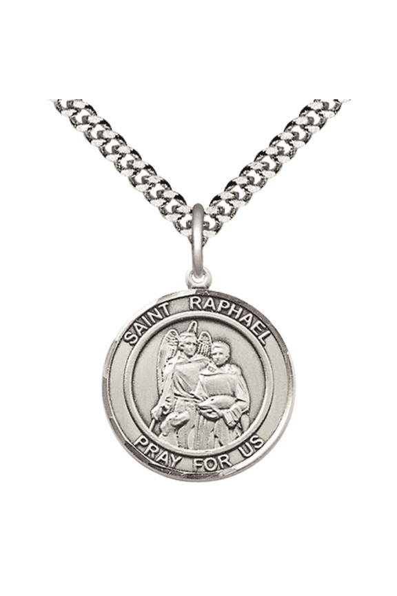 Pewter Patron Saint St. Raphael the Archangel Medal Pendant with 24" Rhodium Plated Heavy Curb Chain Catholic Religious Necklace - Made in USA,Deluxe Velvet Gift Box